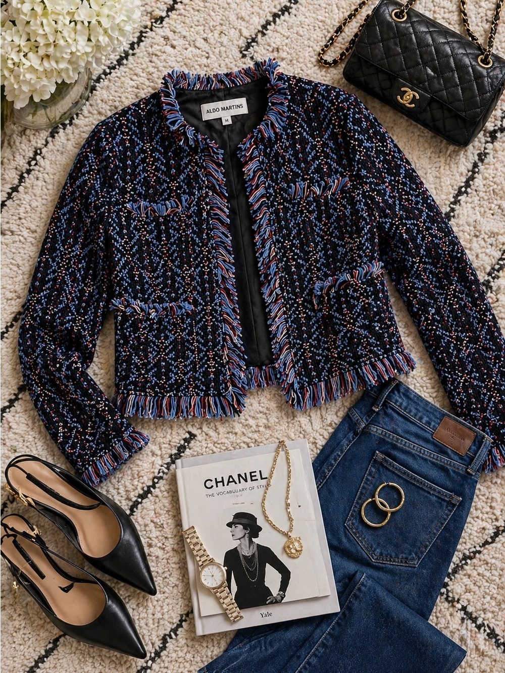 Aldo Martins Tweed Fringe Jacket Cropped Blue Luxe Designer NWT M Chic Blazer